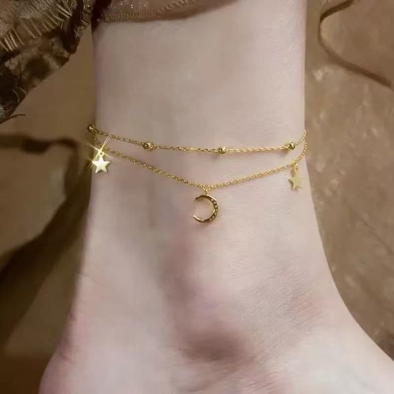 Tobillera doble luna y estrellas baño de oro